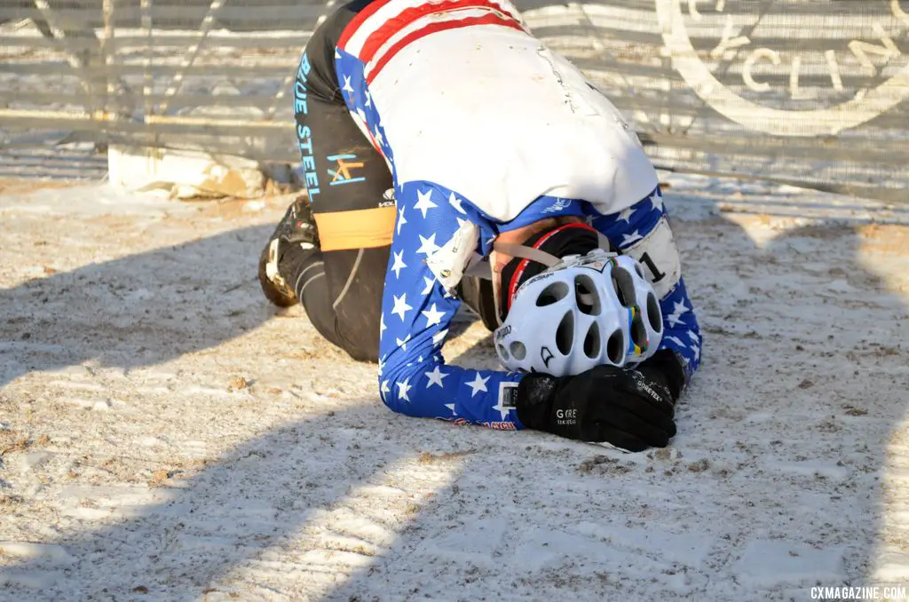 Sarvary recovering from her effort at 2013 Masters World Championships of Cyclocross. © Cyclocross Magazine