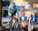 Niels Albert being chased by Zdenek Stybar on the third lap of the race. Stybar briefly caught Albert but was unable to match the young Belgians pace.