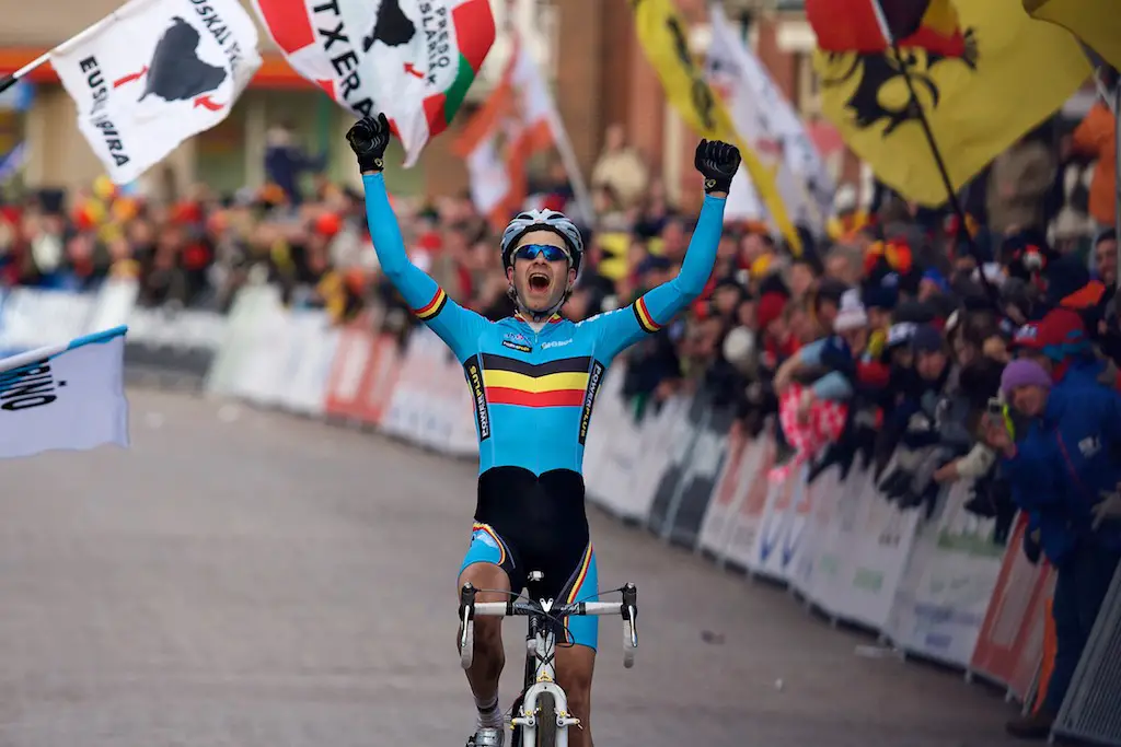 Niels Albert (Belgium) celebrates his victory in the Elite mens\'s race at the 2009 UCI Cyclocross World Championships.