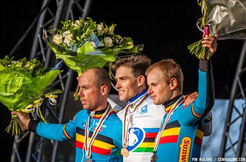 Podium: 1. Zdenek STYBAR (CZE), 2. Sven NYS (BEL), 3. Kevin PAUWELS (BEL) at 2014 World Championships. © Pim Nijland