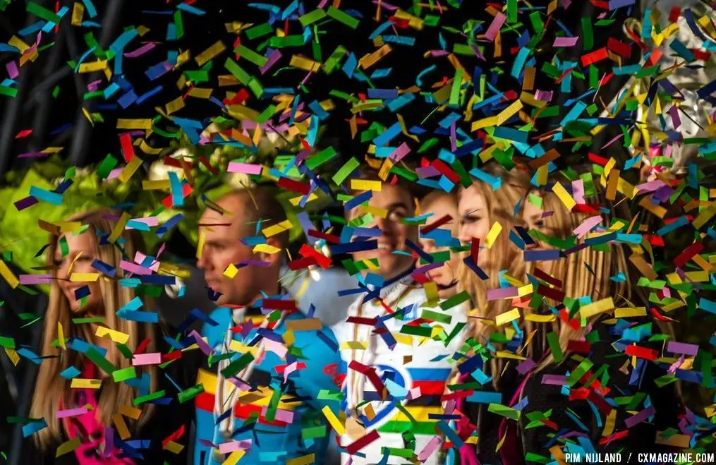 Podium, 1. Zdenek STYBAR (CZE), 2. Sven NYS (BEL), 3. Kevin PAUWELS (BEL), The podium ceremony at 2014 World Championships. © Pim Nijland