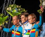 Podium: 1. Zdenek STYBAR (CZE), 2. Sven NYS (BEL), 3. Kevin PAUWELS (BEL) at 2014 World Championships. © Pim Nijland