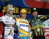 The final podium: 1) Pauwels, 2) Albert, 3) Nys. 2009 Zolder Cyclocross World Cup. ? Bart Hazen
