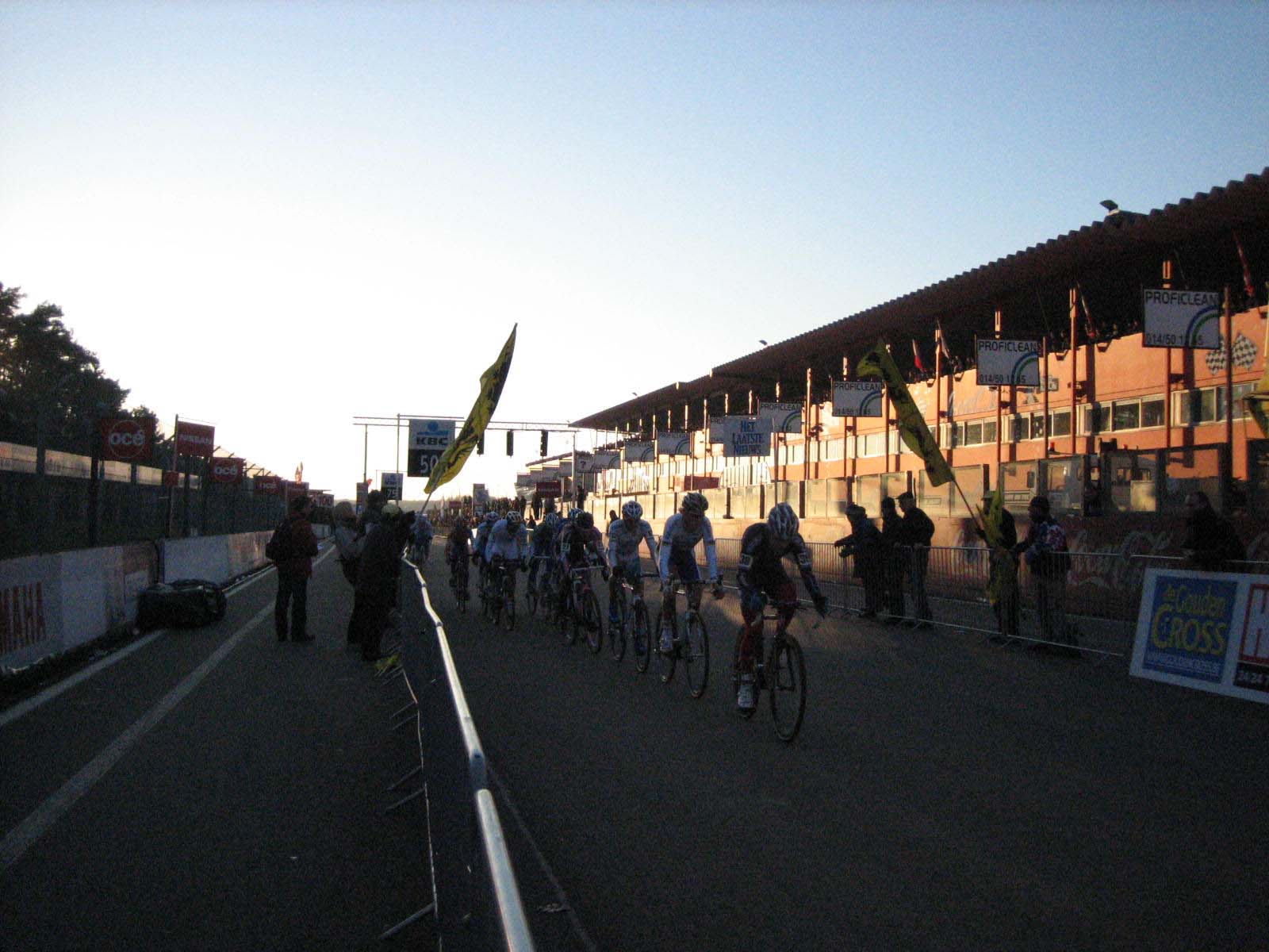 Chase group behind the leaders at sunset.