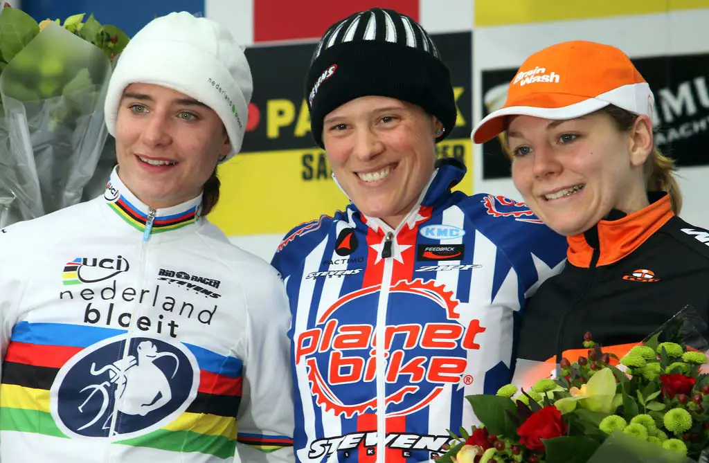 Women\'s podium at the World Cup in Zolder. From Left to Right: Vos - Compton - Van Paassen. © Bart Hazen