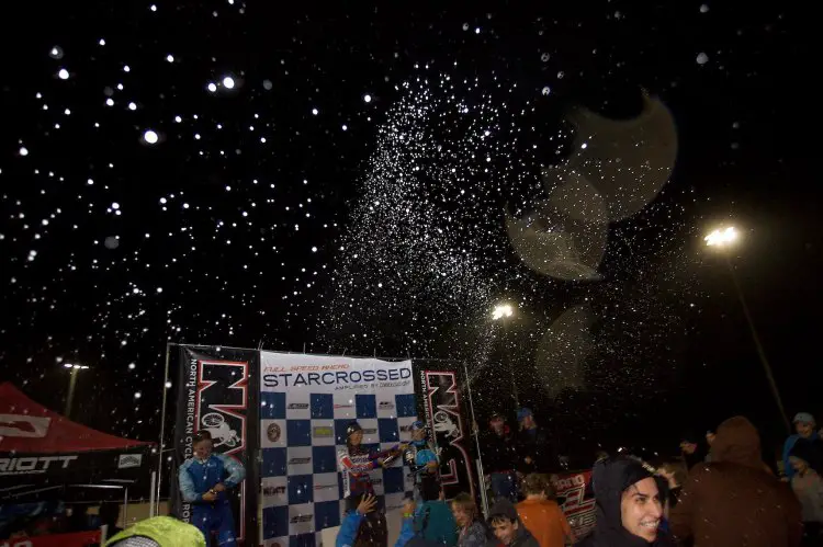 What's a few more drops? Wyman sprays the already-wet crowd with victory champagne after her 2009 Star Crossed win. © Joe Sales / Cyclocross Magazine