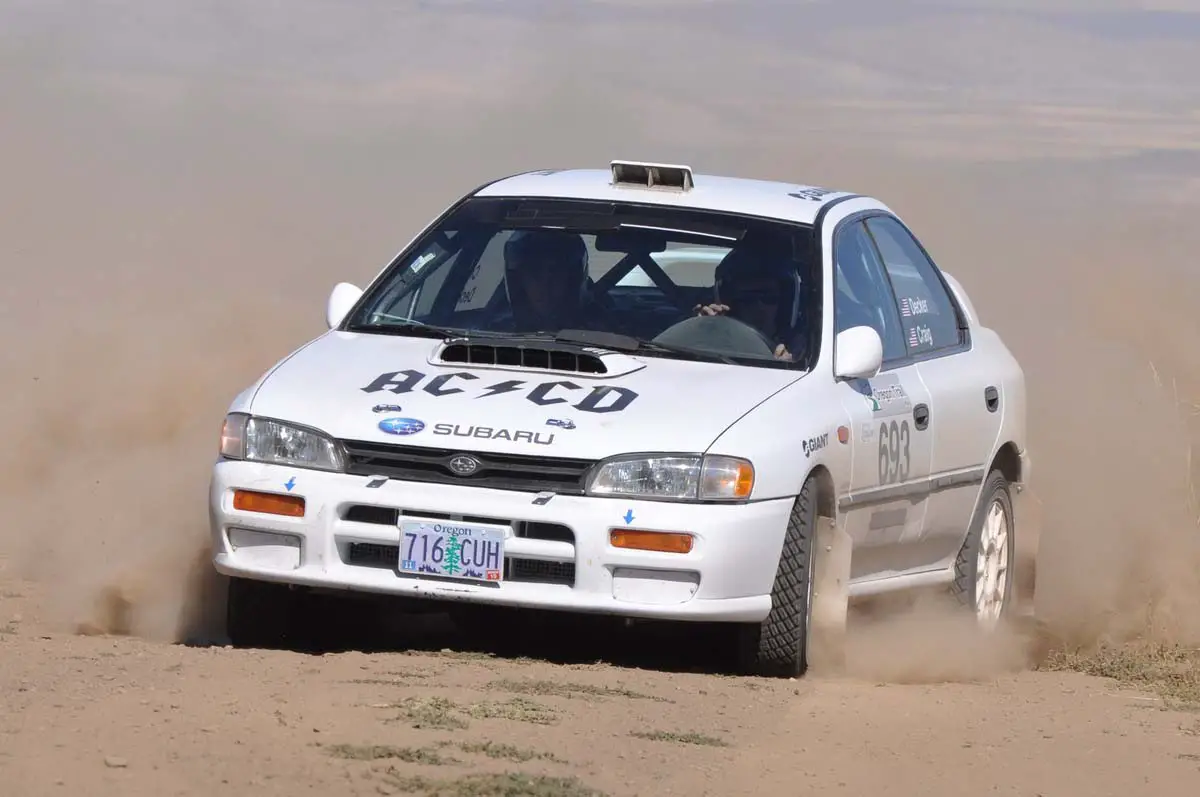 Carl Decker and Adam Craig pilot "Wheels of Teal" through the national rally circuit © Jim Culp/ProRallyPix.com