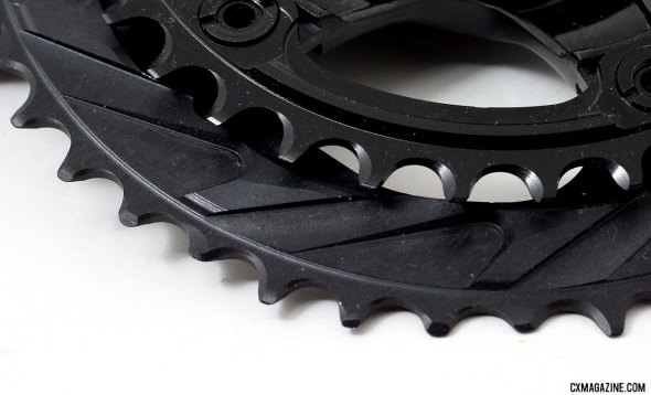 The extensive ramps on the 44t 110 BCD WickWërks cyclocross chainring. © Cyclocross Magazine