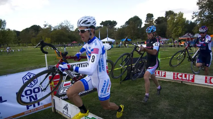 Chris Jones leads the field in this cyclocross race, and he won our unofficial cyclocross bracket of the Amgen Tour of California. © Eric Colton