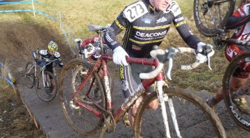 James McCabe leads Austin Jones up the stairs and out of the bowl at Cyclocross Nationals. Photo Courtesy of James McCabe