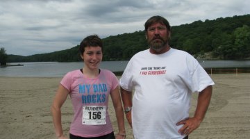 Dad and I after a triathlon- yeah, my shirt says My Dad Rocks. © Molly Hurford