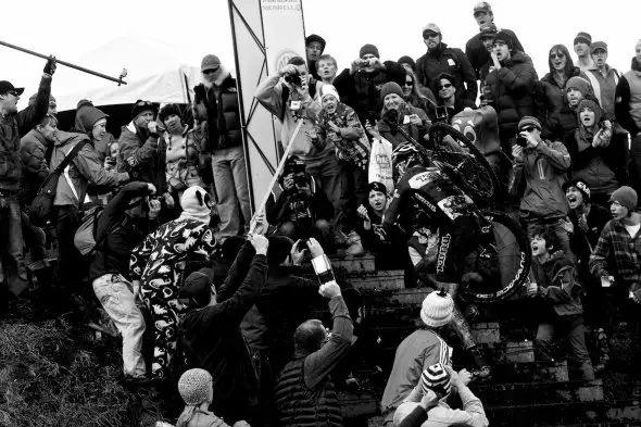 The crowd, including Panda-man and Mr. Gumbi goes crazy as local racer Ryan Trebon tries to bridge up to race leaders Tod Wells (Specialized) and Jeremy Powers (Cannondale/Cyclocrossworld) at 2011 Nationals © Joe Sales