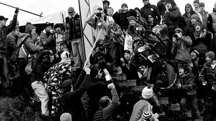 The crowd, including Panda-man and Mr. Gumbi goes crazy as local racer Ryan Trebon tries to bridge up to race leaders Tod Wells (Specialized) and Jeremy Powers (Cannondale/Cyclocrossworld) at 2011 Nationals © Joe Sales