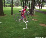 Rutgers Cycling tries out the PVC barriers we built for the Newbie News How To piece. © Molly Hurford