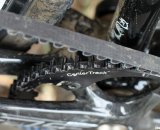 A closeup of the crank and CenterTrack Carbon Belt Drive on a Raleigh carbon singlespeed cyclocross bike. © Cyclocross Magazine A closeup of the crank and CenterTrack Carbon Belt Drive on a Raleigh carbon singlespeed cyclocross bike. © Cyclocross Magazine