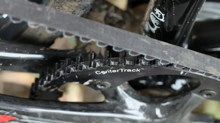 A closeup of the crank and CenterTrack Carbon Belt Drive on a Raleigh carbon singlespeed cyclocross bike. © Cyclocross Magazine