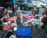 Team Mountain Khakis, pre-pre-race meeting. © Molly Hurford