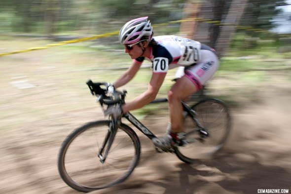 Sherwin railed the descents to open up her gap on Studley. Raleigh Midsummer Night cyclocross race. © Cyclocross Magazine Sherwin railed the descents to open up her gap on Studley. Raleigh Midsummer Night cyclocross race. © Cyclocross Magazine