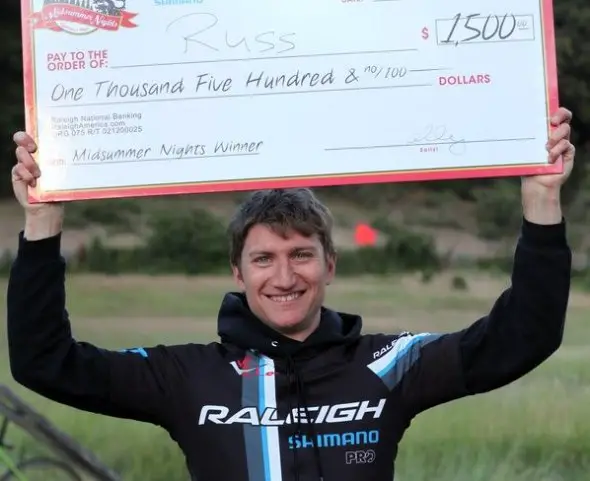 Russel Stevenson wins cash and a pro contract at the Raleigh Midsummer Night cyclocross race. © Cyclocross Magazine