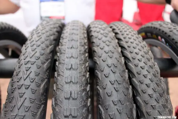 The Vee Rubber tires all have V designs in the name and tread. Here we have the Flying V, Race V, 7 and Rail cyclocross tires come in 700x35c and some in 40c. Interbike 2011. © Cyclocross Magazine