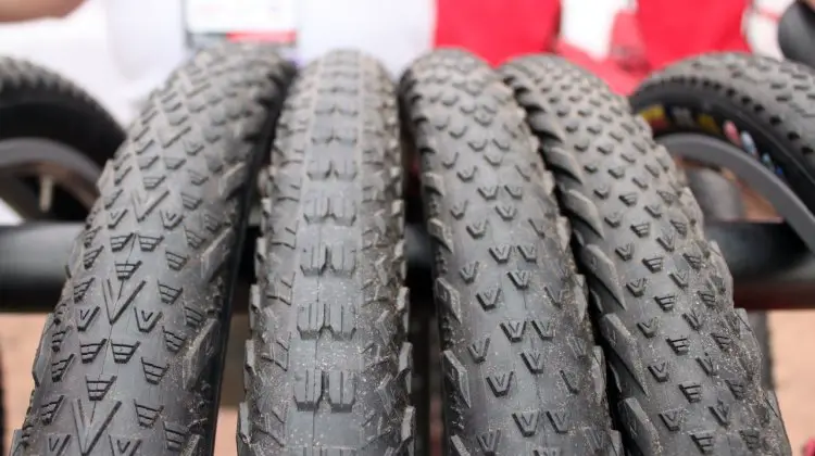 The Vee Rubber tires all have V designs in the name and tread. Here we have the Flying V, Race V, 7 and Rail cyclocross tires come in 700x35c and some in 40c. Interbike 2011. © Cyclocross Magazine