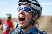 An Ebullient Sarah Maile (Ventana Mountain Bikes) after her Category Win at the Sacramento Cyclocross Series, College Cyclery Compound, West Sacramento