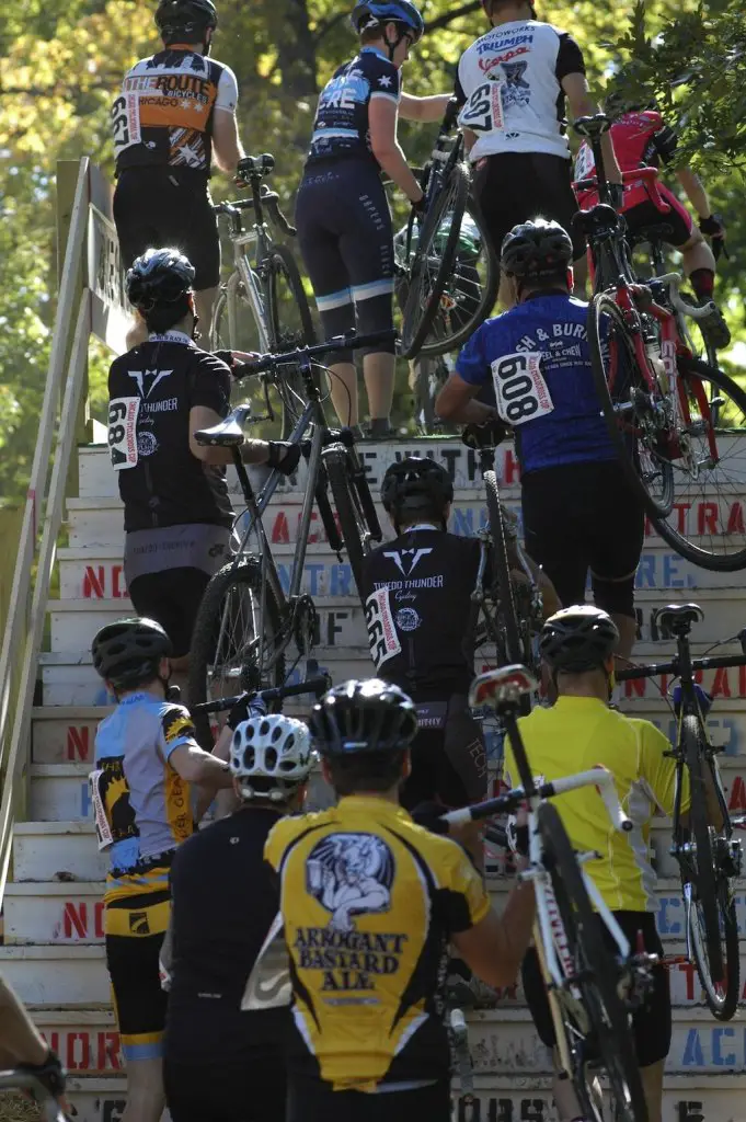 The Cat 4b's take the flyover at the Chicago Cross Cup at Hopkins Park in Dekalb Illinois. Aaron Johnson.