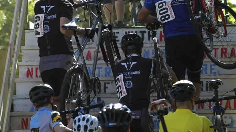 The Cat 4b's take the flyover at the Chicago Cross Cup at Hopkins Park in Dekalb Illinois. Aaron Johnson.