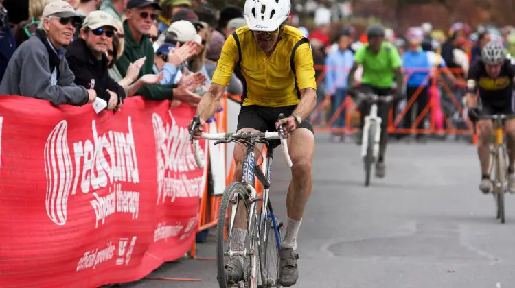 Carl Decker crosses the line Sunday for the win at Sunday's Halloween Cross Crusade costume race. ©Pat Malach