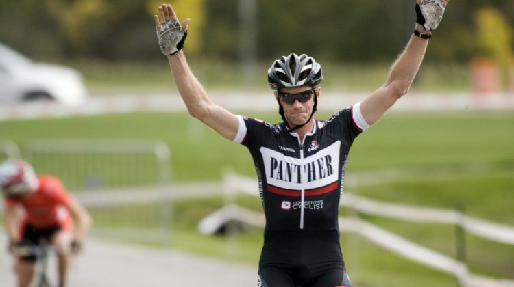 The new state champion Paul Martin of Panther pb Competitive Cyclist crosses the finish line during Two Days in Dublin, Ohio State Cyclocross Championships. Photo: Greg Sailor - VeloArts.com