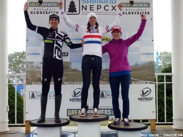 Duke, Wyman and Day on the elite women's podium day 2 of Gloucester. Cyclocross Magazine