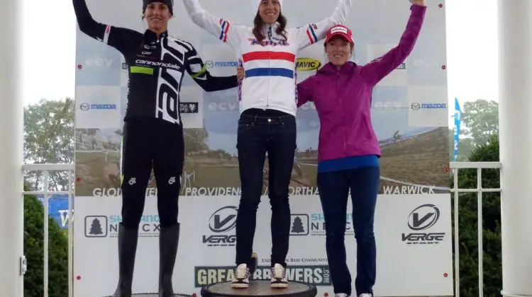 Duke, Wyman and Day on the elite women's podium day 2 of Gloucester. Cyclocross Magazine