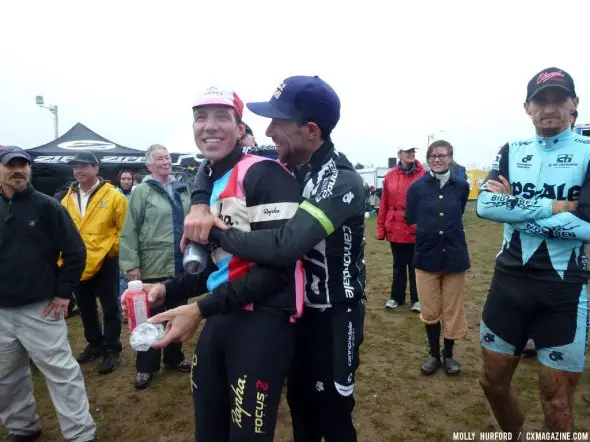 Ex-teammates but still friends, Johnson congratulates Powers post-race. Cyclocross Magazine