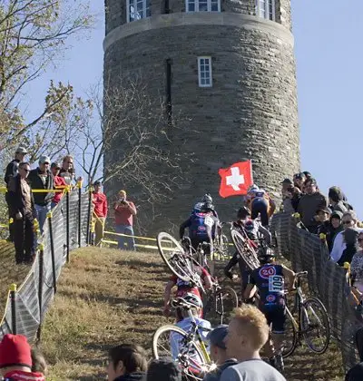 The tower at Granogue, and the hordes of cyclists charging up it at last year's race.