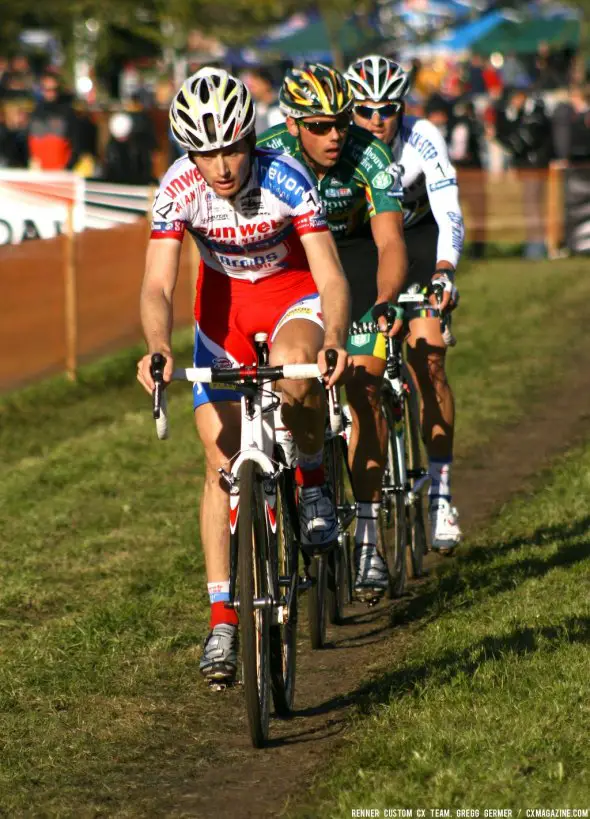 The three leaders in the mens race near the finish. © Renner Custom CX Team, Gregg Germer