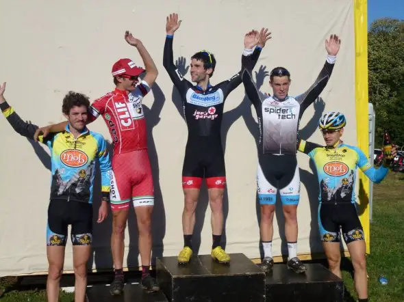 A bashful Lindine celebrates his victory on the podium with Hoke and Batty, with Livermon and Townsend in third and fourth. A bashful Lindine celebrates his victory on the podium with Hoke and Batty, with Livermon and Townsend in third and fourth.