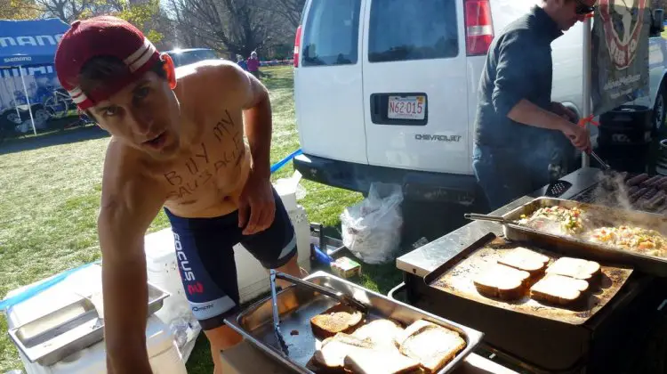 Jeremy Durrin served up sausages at CSI to try to raise funds for his trip. Cyclocross Magazine