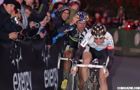 Tim Johnson reacts as Jeremy Powers sprints across the line for the win Saturday at Day 1 of the USGP Deschutes Brewery Cup in Bend. ©Pat Malach