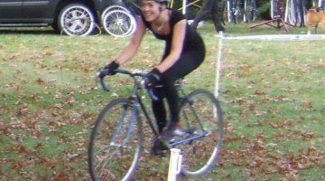 Cindy, rocking a black dress for her first cyclocross race.