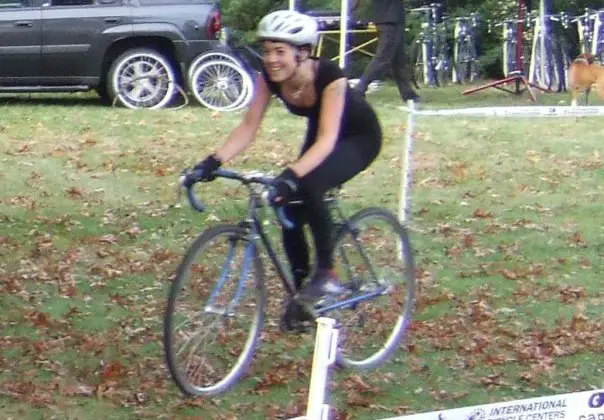 Cindy, rocking a black dress for her first cyclocross race.