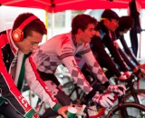 Jordan Cullen and some of the other Juniors warm up under the team tent in Bredene 2011. ©tomrobertsonphoto.com