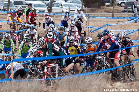 Pile-up on the first lap of the men's 15-16 race.  ©Brian Nelson
