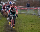 Jordan Cullen leads Sam O'Keefe in a chase group at Versluys Cyclocross in Bredene in 2011. ©tomrobertsonphoto.com