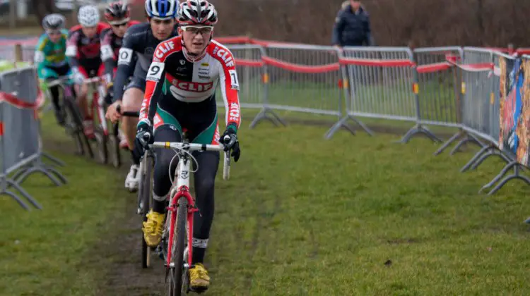 Jordan Cullen leads Sam O'Keefe in a chase group at Versluys Cyclocross in Bredene in 2011. ©tomrobertsonphoto.com