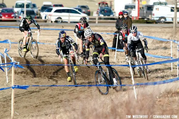 The lead group mid-way through the race is headed by Ryan Trebon (LTS/Felt) - 2012 Cyclocross National Championships, Elite Men - t©Tim Westmore