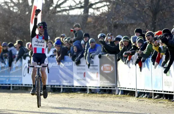 Jeremy Powers (Team Rapha-Focus) showing relief and disbelief as he finally wins the Elite Men National Cyclocross Championship. ©Tim Westmore