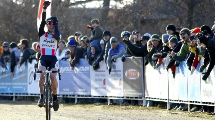 Jeremy Powers (Team Rapha-Focus) showing relief and disbelief as he finally wins the Elite Men National Cyclocross Championship. ©Tim Westmore