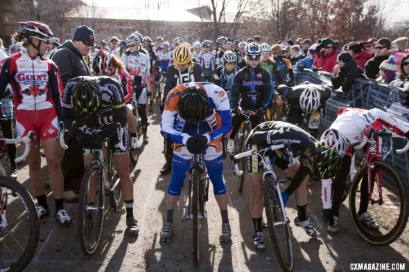Compton and Duke focus, while Antonneau and Butler adjust. 2012 Cyclocross National Championships, Elite Women. © Cyclocross Magazine