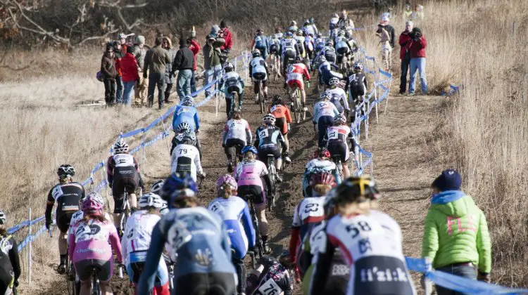 The Elite Women fight for the best lines up the first hill. © Cyclocross Magazine