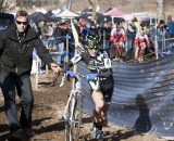 Kaitlin Antonneau grabs a clean bike from cyclocross guru Stu Thorne on her way to an Elite silver and an U23 gold.. © Cyclocross Magazine